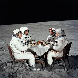 old photo of a people dining on the surface of the moon