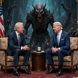 Joe Biden meeting Dark Brandon, Love Craftian monster beyond human comprehension