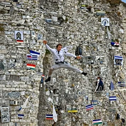 Emmanuel Macron jumping of Normandy cliffs, 50mm photography, high quality, 4K