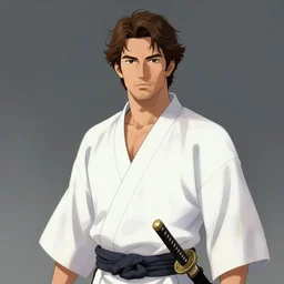 Ren is a man of average build. Light skin and wavy brown hair swept over his ears. Some light stubble on his face. He wears a white yukata and carries a katana. By craig mullins, featured on artstation