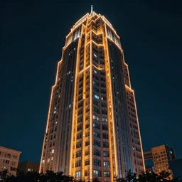 single brutalist architecture tower, blown out neon lighting all along its surface, painted by albert bierstadt