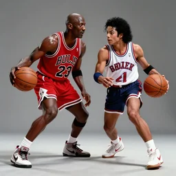 Michael Jordan and Michael Jackson playing basketball, dramatic lighting