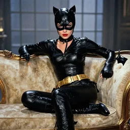 publicity photograph of Mila Kunis as Catwoman on a chaise lounge|batman returns 1992