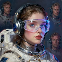 neon cyberpunk programmer with glowing geordi visor over eyes and sleek headphones headshot portrait painting by donato giancola, rhads, tom whalen, conrad roset, dean cornwall astronaut fashion photography