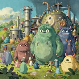 a big factory to create cute monsters and creatures, natural lighting, playful color scheme, intricate details, matte painting, illustration, by hayao miyazaki