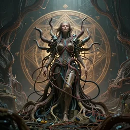 a centered render of an goddess entangled in an alien bio - organic landscape adorned with thick cables and synthesizer parts is surrounded by sacred geometry, fat bio - mech tree roots, powerful, cinematic, beautifully lit, by beeple, by h. r. giger, 3 d, trending on artstation, octane render, 8 k