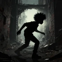 a dynamic long shot portrait of the silhouette of a black boy with an afro sneaking through a post apocalyptic alley with a portal, by simon stalenhag, dark and ominous, digital illustration, behance, rendered in unreal engine 5, rim lighting, ray tracing, 8 k, hd