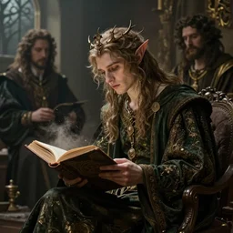 a 1 3 th century, enigmatic, melancholic, fae king ( look like ( ( forthy years old james frain ) ), is ( ( reading an old book ) ). light dust, magnificent, hyperdetailed, theatrical, painted by jakub rozalski, jan matejko, and j. dickenson