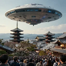 a giant alien ufo high tech spaceship eerily hovering on ancient kyoto city landscape with beautiful pagodas by greg rutkowski, artgerm, ross tran, magali villeneuve, intricate, time travel theme, audince in awe, spectacle, audience sorrounding, award winning, octane render, masterpiece, 8 k, beautiful