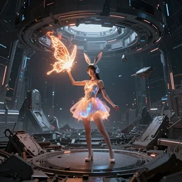 a girl like yoona, in a glowing skirt, wearing cybernetic bunny ears, casting fire spell in shape of a butterfly, in the middle of round ruins, background cyberpunk spaceship, full shot, photo, geometries, Fibonacci volumetric lighting, epic composition, intricate details, dark neon punk, by denis villeneuve and WLOP