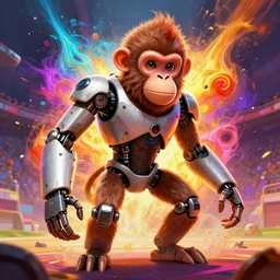 anthropomorphic monkey robot with human characteristics in an arena, digital art, epic composition, fantasy, explosion of color, highly detailed, in the style of jake parker, in the style of conrad roset, swirly vibrant colors, sharp focus