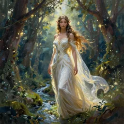 light oil painting of a high fantasy beautiful elf goddess in a forest with a stream running down the middle
