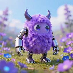 toy mechanical monster, hyper detailed, sharp focus, bokeh, unreal engine, ray tracing, cute, fantasy, sci fi, purple flowers, blue flowers, violet flowers, glowing flowers, tiny, small, hyper realistic, sky