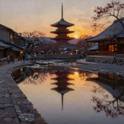 sunset in kyoto puddles, oil painting, by greg rutcocwsky, ultra realism, intricate, atmospheric, 8 k resolution, rendered in 3 ds max
