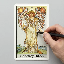 Geoffrey Hinton drawn on a tarot card, tarot in art style by Alphonse Mucha