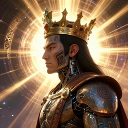 portrait of an ai robot emperor wearing a crown profile view portrait 4 k digital art, anime, two dimensional, looking to the side, tribal, powerful, muscular, trending on artstation, artstation, high detail, god rays, sunray, diffusion, disollution, portal to outer space, carvaggio, da vinci, deviantart, ilya kushinov