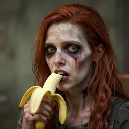 color head portrait of lena headey eating a banana as a zombie, 7 days to die zombie, gritty background, fine art, award winning, intricate, elegant, sharp focus, cinematic lighting, digital painting, 8 k concept art, art by michael hussar, art by brom, art by guweiz and z. w. gu, 8 k