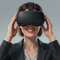 Portrait of a woman by Greg Rutkowski, symmetrical face, a woman using a VR Headset, Kubric Stare, crooked smile, she's wearing an office outfit, highly detailed portrait, scifi, digital painting, artstation, book cover, cyberpunk, concept art, smooth, sharp foccus ilustration, Artstation HQ