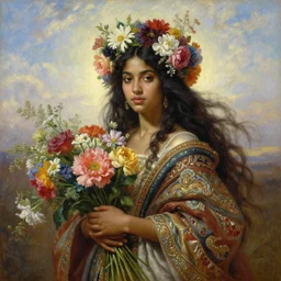 portrait oil painting, a beautiful young dark woman, summer floral headdress, flowers, holding a bouquet of flowers, long flowing hair, ornate robe, ultra realistic, wide angle, intricate details, artifacts, luminous skies, highly detailed, michael cheval, peter mohrbacher, boris vallejo, jessica rossier, oil painting, highly detailed, cinematic lighting