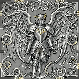 an angel, super nintendo game sprite, symetric, barroque armor, platinum, grey armor