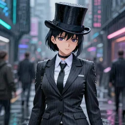 beautiful anime woman, pinstripe suit, top hat, cyberpunk background, rendered in octane, unreal engine, raining, highly detailed, trending on artstation