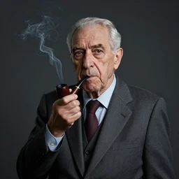 Studio portrait of an old man wearing a suit and smoking a pipe, 4k HDR, sigma 85mm f/1.4, atmospheric lighting, studio lighting, documentary still