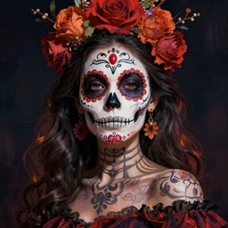 illustration of a sugar skull day of the dead girl, art by george tooker