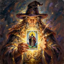 magical tarot card held up by a wizard with a glow of power, oil painting, detailed