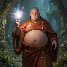 detailed portrait of a portly monk, magical, bright spells, fantasy, ruins, overgrown plants, atmosphere, 8 k high definition, insanely detailed, intricate, by charlie bowater, johan grenier