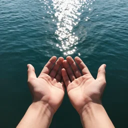 POV of a pair of hands above a shimmering body of water
