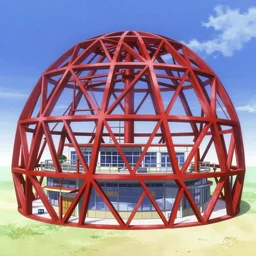 mall, truss building, red trusses, building, geodesic building, cel - shading, 2 0 0 1 anime, flcl, jet set radio future, the world ends with you, sunshine, cel - shaded, strong shadows, vivid hues, y 2 k aesthetic, art by artgerm