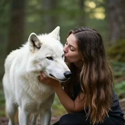 a beautiful woman kissing a white dire wolf in a forest, bokeh, portrait, photography, 8 5 mm lens, f 1. 8