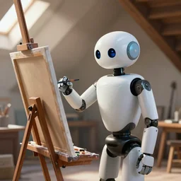a robot painter working at an easel in an attic studio. dusty, sunlight. featured on artstation.