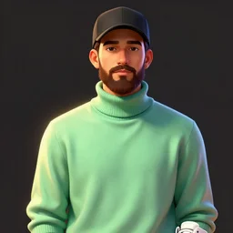 a young man with a chin - style brown beard without mustache in a black cap, a light green turtleneck sweater and a white sneakers, unreal engine, digital painting, vivid colors, vibrant colors, sharp focus illustration, artstation hq. intricate, elegant, medium shot, art by wlop