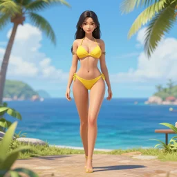 tracer game character, in yellow bikini, swimsuit model, very beautiful, full height