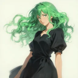 painting of tatsumaki from one punch man, green wavy hair, black dress, cool color palette, refreshing, soft lighting, fine details, digital painting, pretty face, light and shadow effects, dynamic pose, by cushart krenz, by makoto shinkai