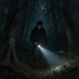 ulgy man at night in the forest. obscurity. darkness!!!. flash light. cinematic lighting, highly detailed, digital painting, 8 k concept art. ( ( ( art by daniel peacock ) ) ) ).