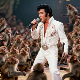 high quality stock photo of elvis singing to a crowd of monkeys