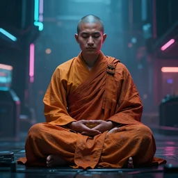 meditating monk in cyberpunk style, ultra realistic 8 k resolution.