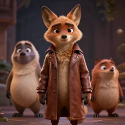 half body shot, 3 d render, anthropomorphic coyote male, wearing along brown leather maxi coat, in the style of zootopia, highly detailed attributes and atmosphere, dim volumetric cinematic lighting