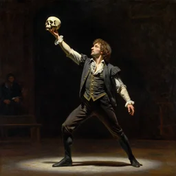 spotlight skillful rendition of a man on stage brandishing a skull hamlet play theatre oil painting alexandre benois giotto ilya repin arkhip kuindzhi