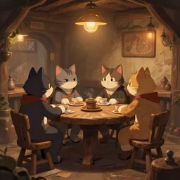 cool cat people talking inside a tavern, fantasy art, cozy, dnd, digital art, 4 k