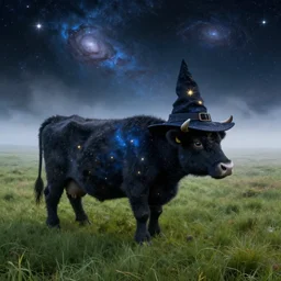 a detailed picture in the style of harry potter of stars and a nebula shaped like a cow in a grassy field wearing a witch hat, cow wearing hat!!! viewed in profile and far away, fog in the background, ultrawide lens, aerial photography, black and blue color scheme with gold highlights, art in the style of studio ghibli and discworld, artstation, 8 k