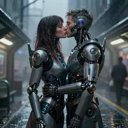 ultra realistic medium shot of a couple of cyborgs kissing, lovers, cyberpunk, sci - fi, fantasy, kodak, colour led gel, soft light, volumetric lighting, fog, rays, night, rain, metro station, intricate, highly detailed, digital painting, concept art, smooth, sharp focus, illustration, art by artgerm and greg rutkowski and alphonse mucha