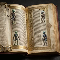 book of kells with images of aliens and robots, trending on artstation, dramatic lighting, octane render, weta digital, micro details, 3 d sculpture, structure, ray trace, insane details, intricate, elite, ornate, elegant