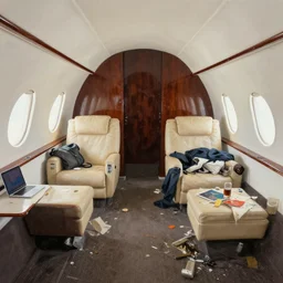 a messy painting of first class on a private jet in the style of rob gonsalves