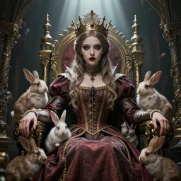 highly detailed closeup portrait of a goth fairytale joan of arc wearing a crown and sitting on a throne, surrounded by cutr bunnies, unreal engine, nicoletta ceccoli, mark ryden, earl norem, lostfish, global illumination, god rays, detailed and intricate environment