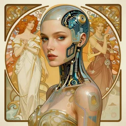 portrait of a beautiful female android, coy, circuitry visible in head, in the style of ex machina, karol bak, alphonse mucha, greg rutkowski, award winning, hr giger, artstation