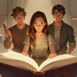 a female and three male characters coming to life from inside a book, trending on artstation, detailed digital art