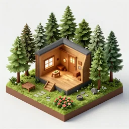concept art of an inside of a cabin in the woods, isometric view, detailed, volumetric lighting, style of greg rutkowski